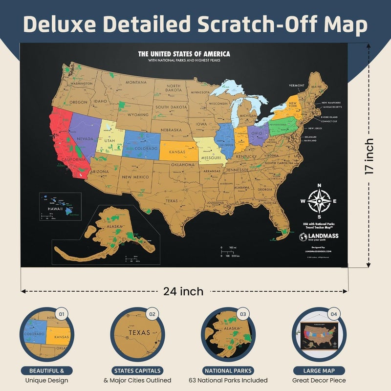 Landmass Scratch Off United States Map, Travel Poster with National Parks, State Capitals, USA Wall Art, Gift for Travelers, Home Travel Decor, Gift Idea for Adventure Enthusiasts, 17x24 Inches - Image 2